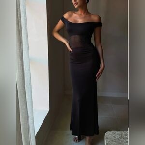 NWT Meshki Small Black Desmond Slinky Off Shoulder Diamante Sheer Midriff Maxi
